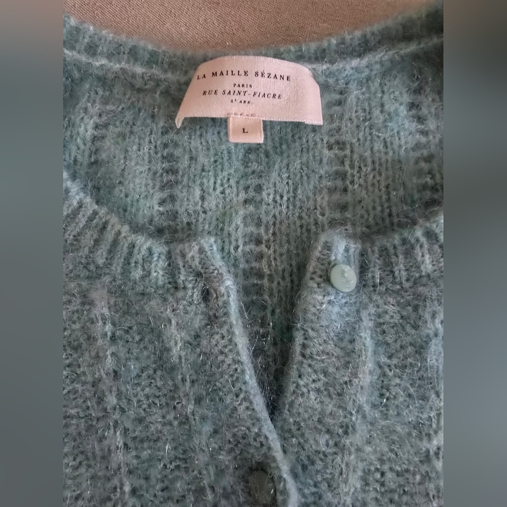 LA MAILLE SÉZANE Amance Fancy Knit Mohair Sea Green Mint Cardigan Large - Picture 6 of 13